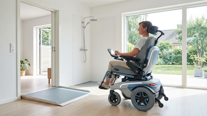 Moderner elektrischer Pflege-Rollstuhl in einem hellen, barrierefreien Raum