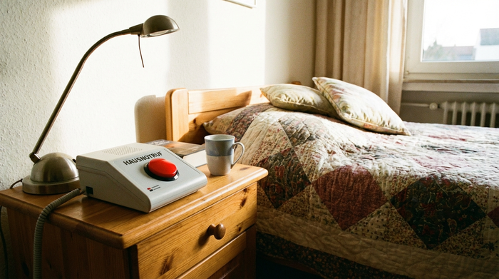 Hausnotruf-Gerät mit großem rotem Knopf auf einem Nachttisch neben einem Bett