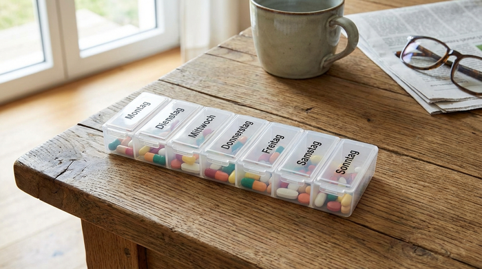 Übersichtlich sortierte Medikamentenbox mit Wochentagen auf einem Holztisch