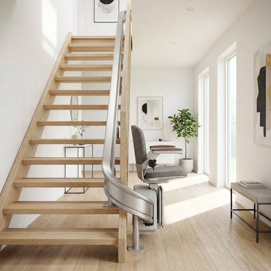 Moderner Sitz-Treppenlift montiert an einer hellen Holztreppe im Hausflur