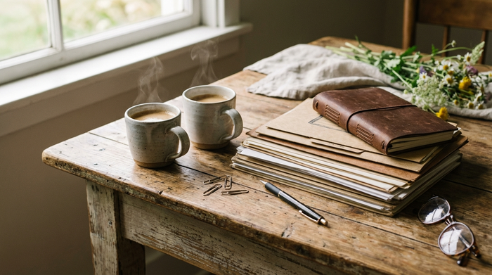 Zwei Tassen Kaffee und ordentlich sortierte Dokumente auf einem rustikalen Holztisch