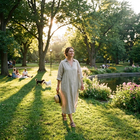Eine Frau geht entspannt in einem sonnigen, grünen Park spazieren