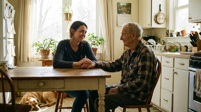 Erschöpfte aber liebevolle Tochter sitzt neben ihrem älteren Vater am Küchentisch und hält seine Hand in einer hellen Küche