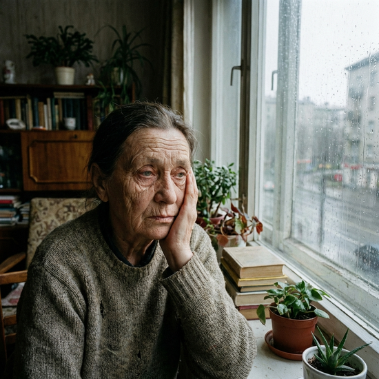 Ältere Frau blickt nachdenklich und erschöpft aus dem Fenster ihres Wohnzimmers