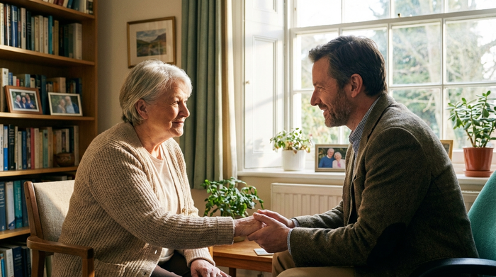 Patientin im vertrauensvollen Gespräch mit ihrem Hausarzt im Sprechzimmer