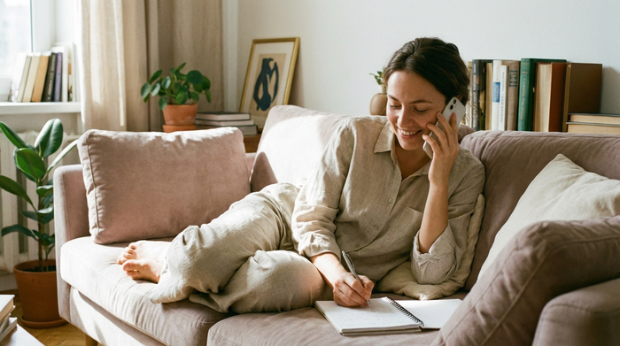 Frau telefoniert entspannt auf dem Sofa und macht sich Notizen auf einem Block