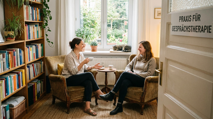 Zwei Frauen sitzen sich in gemütlichen Sesseln gegenüber und sprechen miteinander in einer Praxis