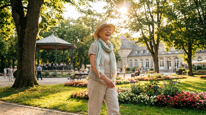 Entspannte ältere Frau bei einem Spaziergang im Kurpark an einem sonnigen Tag