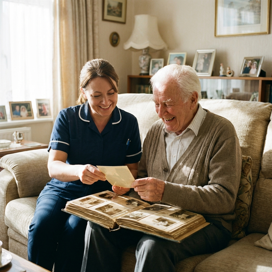 Pflegerin und demenzkranker Senior betrachten gemeinsam ein altes Fotoalbum und lächeln