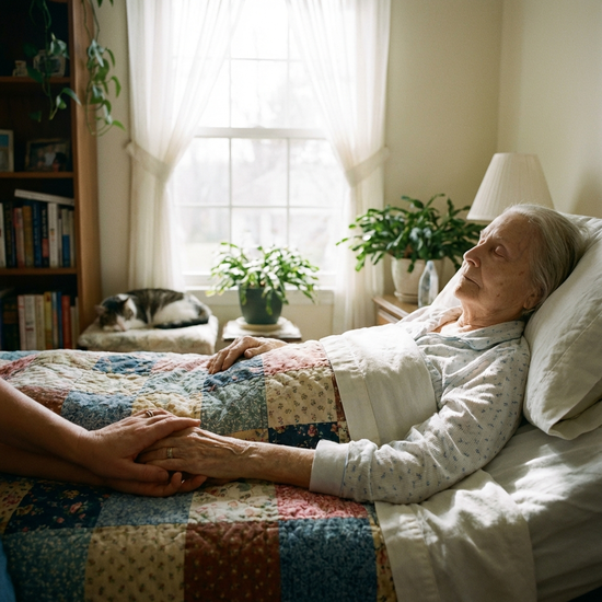 Sanfte Hand hält die Hand eines bettlägerigen Patienten in ruhiger, friedlicher Umgebung