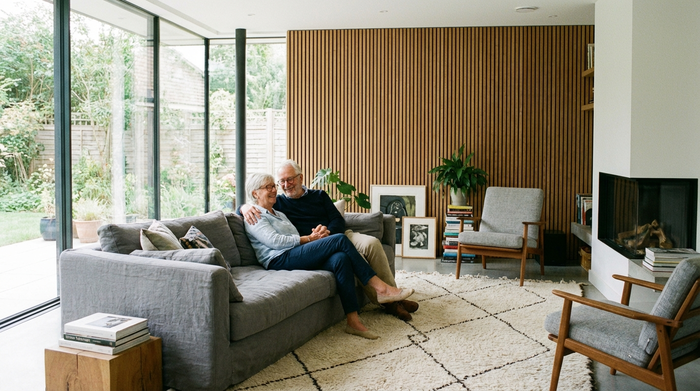 Älteres Ehepaar entspannt auf dem Sofa im modernen Wohnzimmer