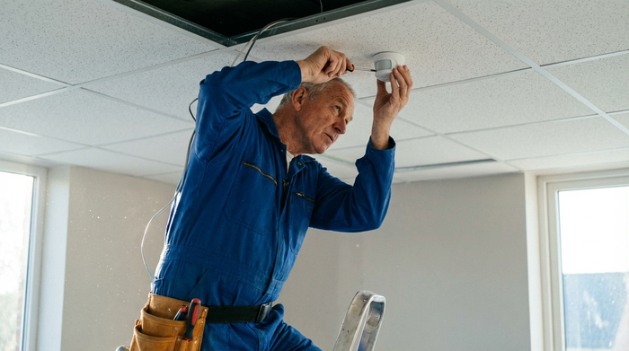 Handwerker installiert vorsichtig einen Sensor an der Decke