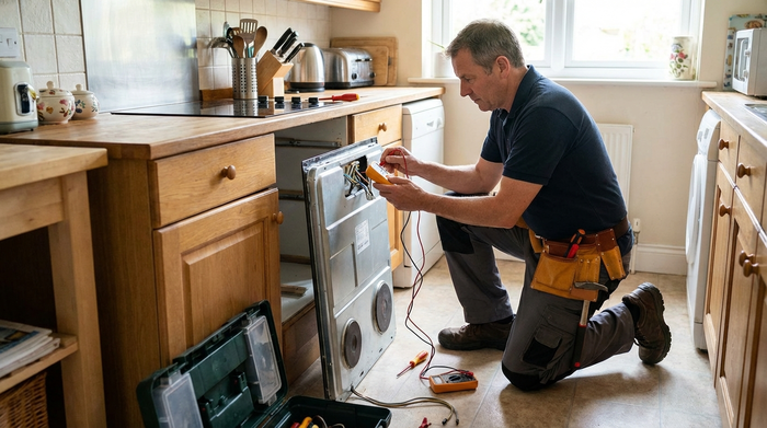 Elektriker prüft die Anschlüsse am Herd