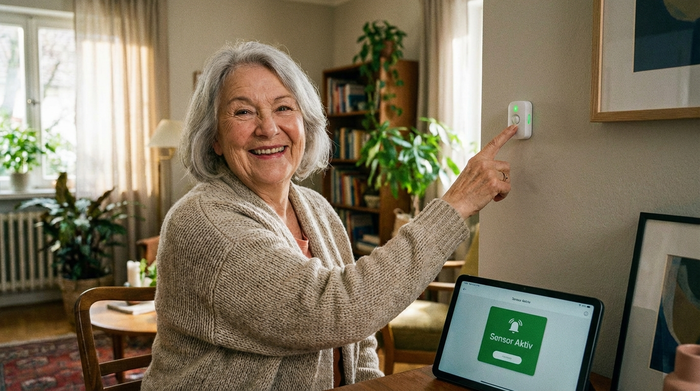 Seniorin schaut zufrieden auf den fertig montierten Sensor