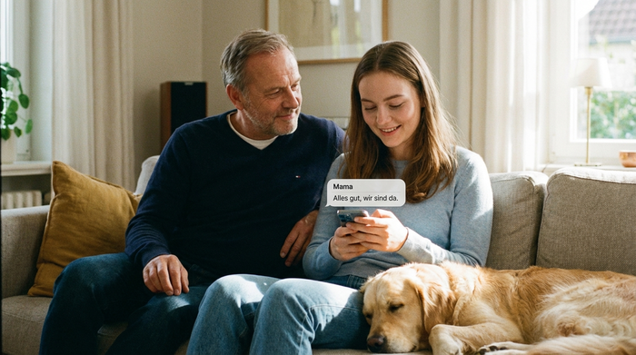 Tochter blickt beruhigt und lächelnd auf ihr Smartphone