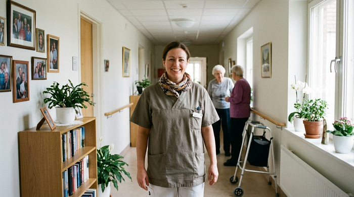 Pflegekraft steht freundlich lächelnd im Flur einer Seniorenwohnung