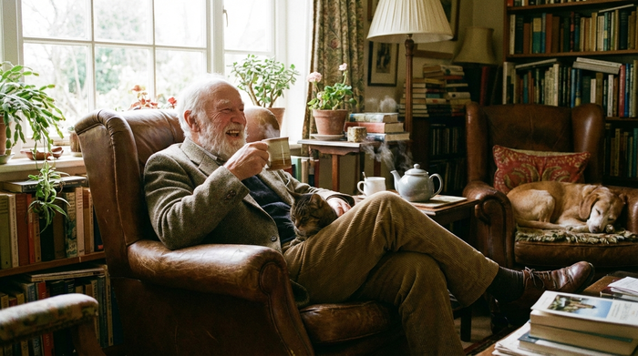 Senior sitzt entspannt im Sessel und trinkt Tee