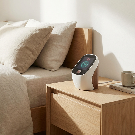 Moderner Hausnotruf auf einem Nachttisch neben dem Bett