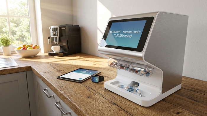 Smarter Medikamentenspender auf einer Küchenanrichte
