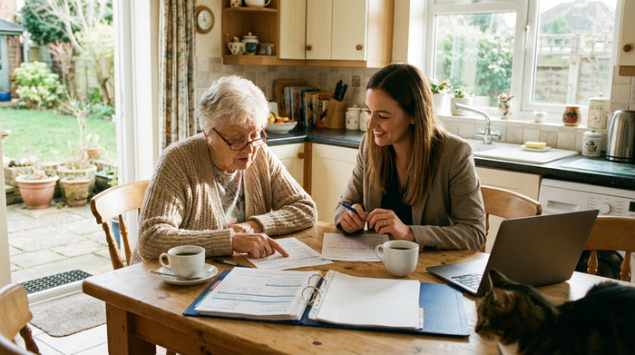 Seniorin und Beraterin sitzen mit Dokumenten am Küchentisch