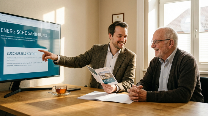 Freundlicher Berater erklärt einem Senior die Fördermöglichkeiten