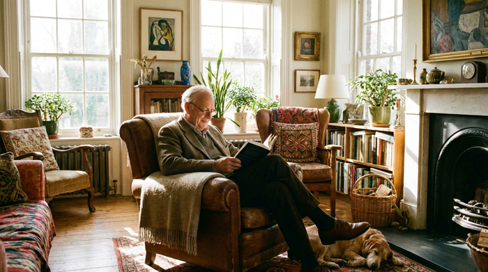 Älterer Herr sitzt entspannt lesend in einem gemütlichen, hellen Wohnzimmer