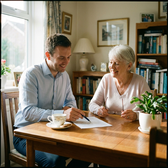 Freundlicher Berater erklärt einer Seniorin ein Dokument am Esstisch