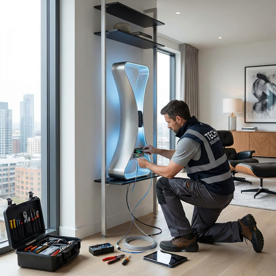 Techniker installiert eine moderne Basisstation im Wohnzimmer