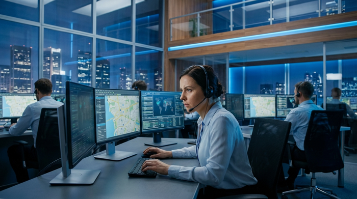 Konzentrierte Mitarbeiterin in einer modernen Notrufzentrale mit Headset am Computer