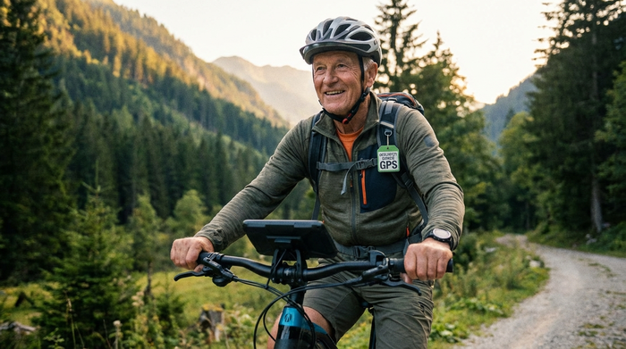 Senior auf einem E-Bike in der Natur, geschützt durch GPS