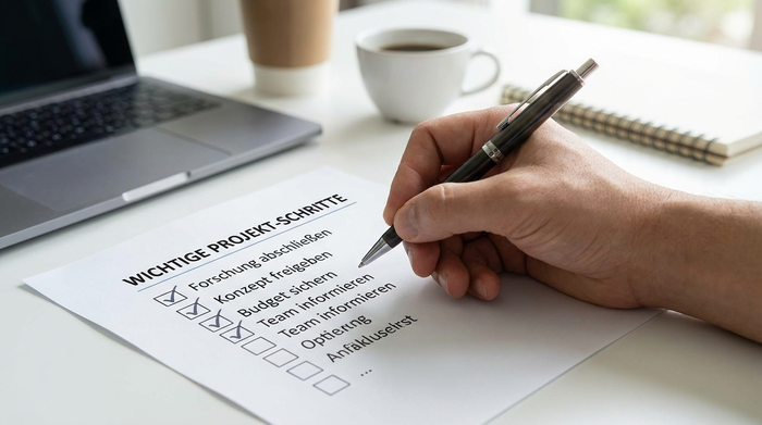 Hand hält einen Stift und hakt wichtige Punkte auf einer übersichtlichen Checkliste ab