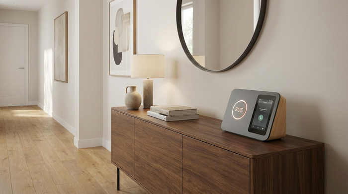 Moderne Hausnotruf-Basisstation auf einem eleganten Sideboard im Flur