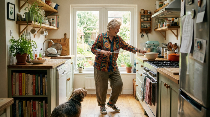 Seniorin bewegt sich sicher und unbeschwert in ihrer Küche