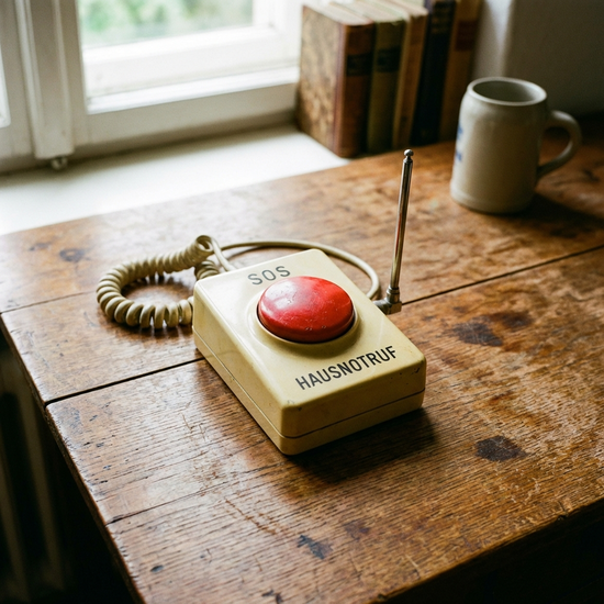 Klassischer Hausnotruf-Knopf mit großer roter Taste auf einem Holztisch