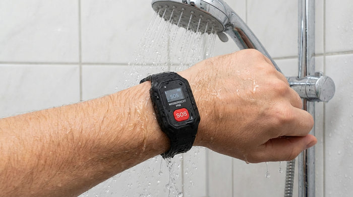 Wasserdichtes Notruf-Armband wird unter laufendem Wasser in der Dusche getragen