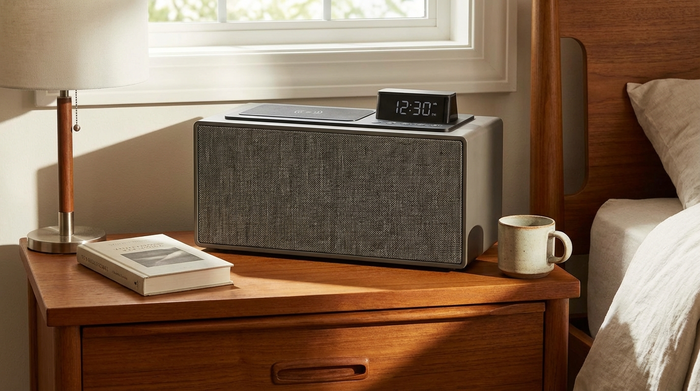 Basisstation mit großem integriertem Lautsprecher auf einem Nachttisch