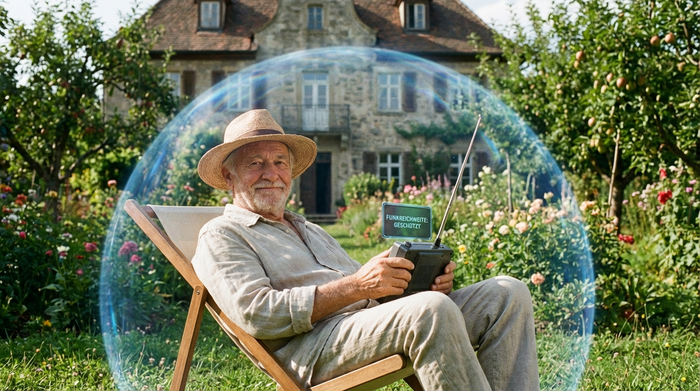 Senior entspannt im Garten, geschützt durch die hohe Funkreichweite