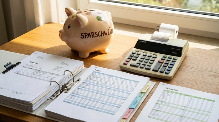 Sparschwein neben einem Taschenrechner und übersichtlichen Dokumenten auf einem Tisch
