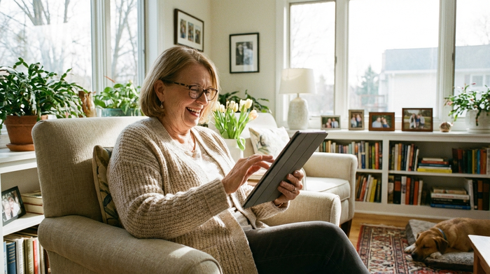 Ältere Dame mit Brille bedient lächelnd ein Tablet im hellen Wohnzimmer
