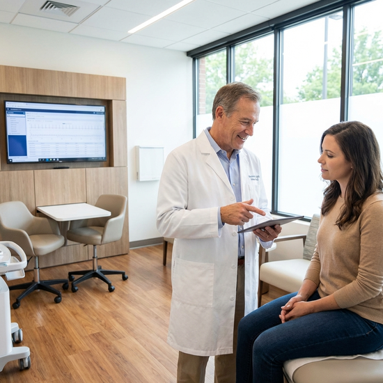 Arzt im weißen Kittel spricht mit Patientin in moderner Praxis