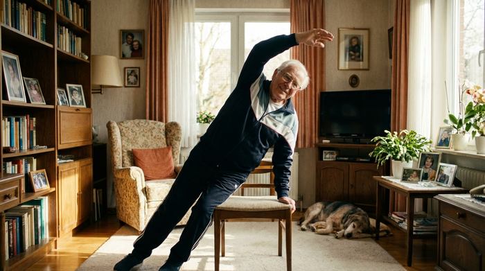 Senior macht leichte Gymnastikübungen im Wohnzimmer