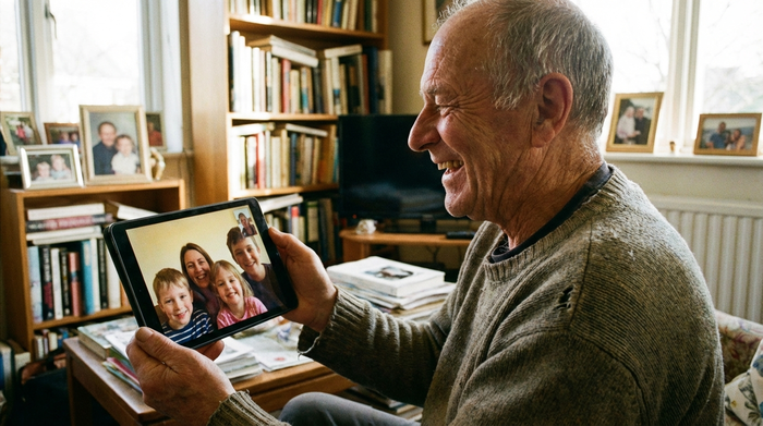 Älterer Herr telefoniert fröhlich per Video mit seiner Familie