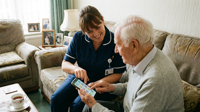 Engagierte Pflegekraft erklärt einem Senior geduldig die Funktionen auf einem Smartphone