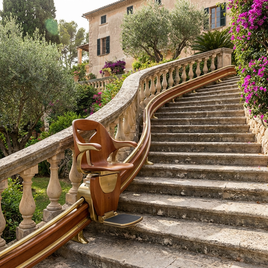 Eleganter Kurvenlift fährt an einer geschwungenen Steintreppe entlang