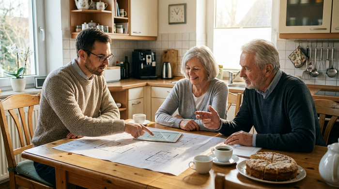 Fachberater sitzt mit älterem Ehepaar am Küchentisch und bespricht Pläne