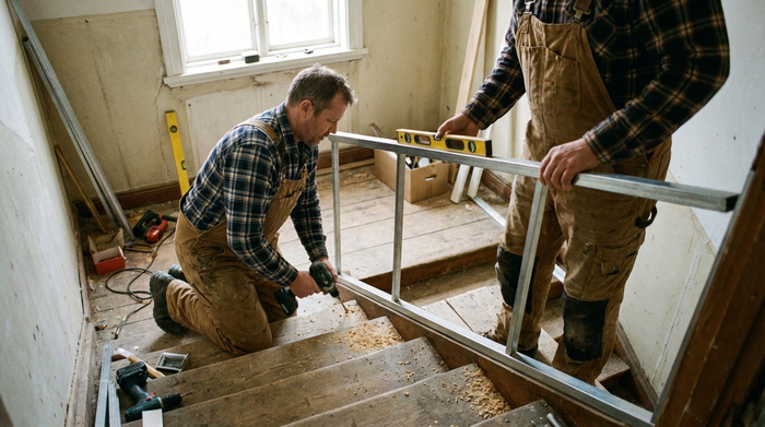 Zwei Handwerker in Arbeitskleidung montieren eine Führungsschiene auf Treppenstufen