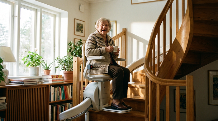 Ältere Dame nutzt zufrieden ihren neuen Treppenlift