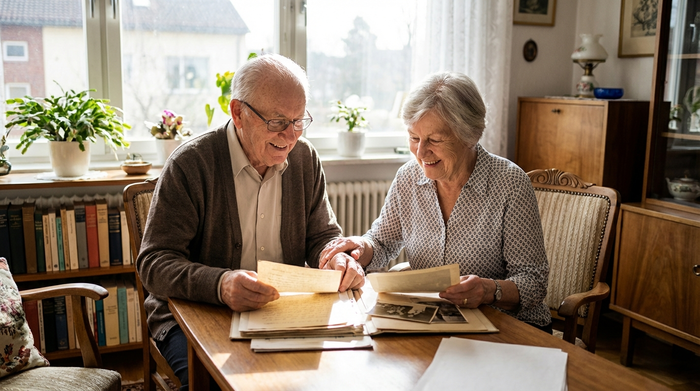 Älteres Ehepaar betrachtet gemeinsam lächelnd Unterlagen am Wohnzimmertisch