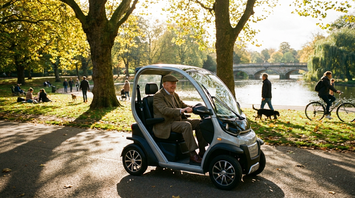 Älterer Herr fährt entspannt mit einem modernen Elektromobil durch einen sonnigen Park
