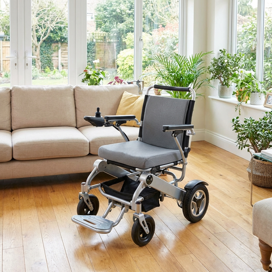 Kompakter Elektrorollstuhl mit Joystick-Steuerung in einem hellen Wohnzimmer